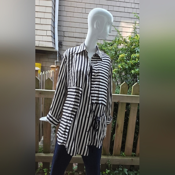 Massimo Dutti Satiny Black and Cream Striped Lounge Jacket/shirt Lg - Picture 12 of 15